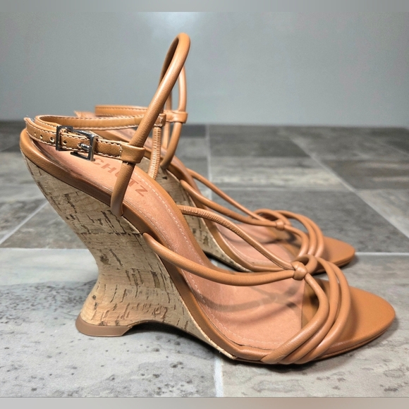 SCHUTZ DARYL NAPPA LEATHER CORK SCULPTURAL WEDGE SANDALS. - Picture 2 of 9